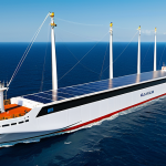 A cutting-edge, eco-friendly cargo ship with a sleek, hydrodynamic hull design, sailing gracefully on a pristine, deep blue ocean under a clear sky. The ship features integrated solar panels on its vast deck and modern automated wind sails (Flettner rotors), symbolizing advanced green technology for a sustainable future. No visible emissions are present, emphasizing its zero-carbon operation. The distant horizon shows a serene coastline. Professional maritime photography, high-resolution, ultra-detailed, perfect lighting, vibrant colors, realistic rendering. safe for work, appropriate content, fully clothed (referencing any implied crew), professional, family-friendly.