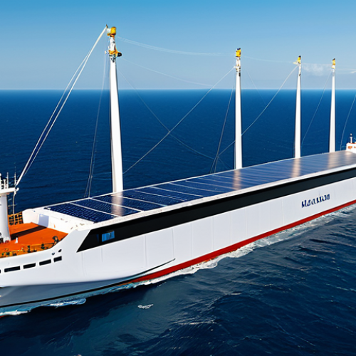 A cutting-edge, eco-friendly cargo ship with a sleek, hydrodynamic hull design, sailing gracefully on a pristine, deep blue ocean under a clear sky. The ship features integrated solar panels on its vast deck and modern automated wind sails (Flettner rotors), symbolizing advanced green technology for a sustainable future. No visible emissions are present, emphasizing its zero-carbon operation. The distant horizon shows a serene coastline. Professional maritime photography, high-resolution, ultra-detailed, perfect lighting, vibrant colors, realistic rendering. safe for work, appropriate content, fully clothed (referencing any implied crew), professional, family-friendly.