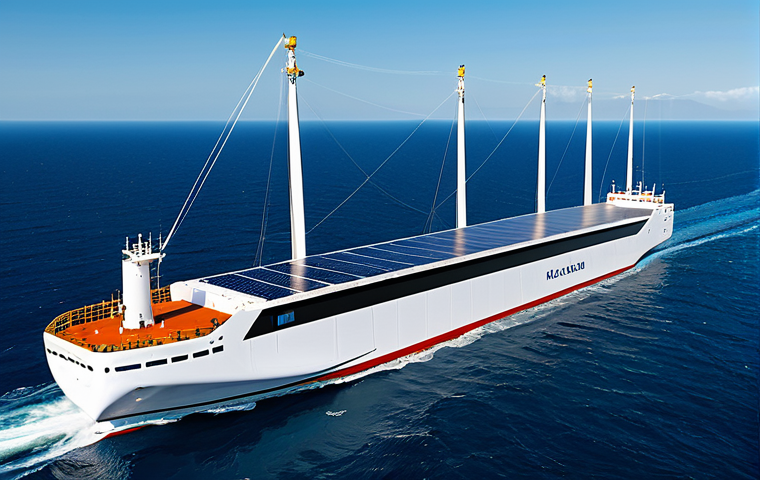 A cutting-edge, eco-friendly cargo ship with a sleek, hydrodynamic hull design, sailing gracefully on a pristine, deep blue ocean under a clear sky. The ship features integrated solar panels on its vast deck and modern automated wind sails (Flettner rotors), symbolizing advanced green technology for a sustainable future. No visible emissions are present, emphasizing its zero-carbon operation. The distant horizon shows a serene coastline. Professional maritime photography, high-resolution, ultra-detailed, perfect lighting, vibrant colors, realistic rendering. safe for work, appropriate content, fully clothed (referencing any implied crew), professional, family-friendly.