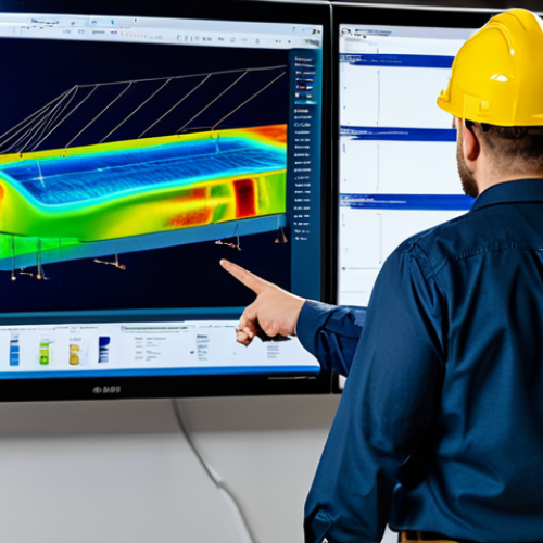 A professional male marine engineer, in a modest business casual shirt and trousers, standing and pointing at a large, high-resolution monitor displaying a vibrant Computational Fluid Dynamics (CFD) simulation of a ship's hull. On an adjacent screen, a detailed Finite Element Analysis (FEA) model of an offshore oil platform is visible, highlighting stress points. The setting is a modern, well-lit marine engineering design office with other engineers in the background. The image should convey precision and advanced technology, with perfect anatomy, correct proportions, and a natural pose, including well-formed hands and proper finger count. This is a professional photography shot, high quality, fully clothed, modest clothing, appropriate attire, safe for work, appropriate content, family-friendly.