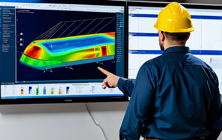 A professional male marine engineer, in a modest business casual shirt and trousers, standing and pointing at a large, high-resolution monitor displaying a vibrant Computational Fluid Dynamics (CFD) simulation of a ship's hull. On an adjacent screen, a detailed Finite Element Analysis (FEA) model of an offshore oil platform is visible, highlighting stress points. The setting is a modern, well-lit marine engineering design office with other engineers in the background. The image should convey precision and advanced technology, with perfect anatomy, correct proportions, and a natural pose, including well-formed hands and proper finger count. This is a professional photography shot, high quality, fully clothed, modest clothing, appropriate attire, safe for work, appropriate content, family-friendly.